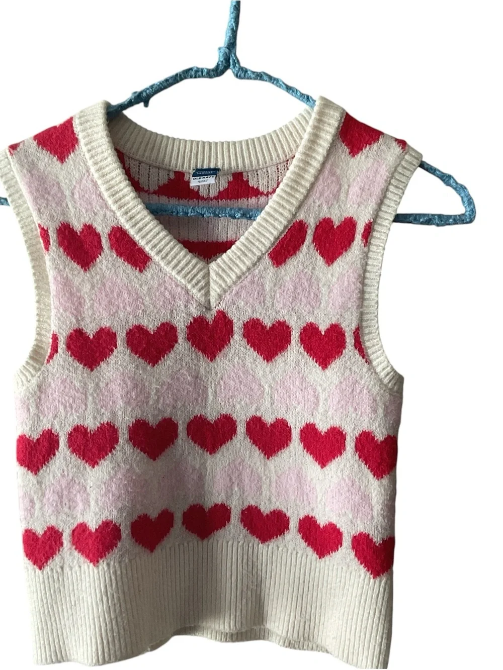 Old Navy Cream Sweater Vest with Pink and Red Hearts